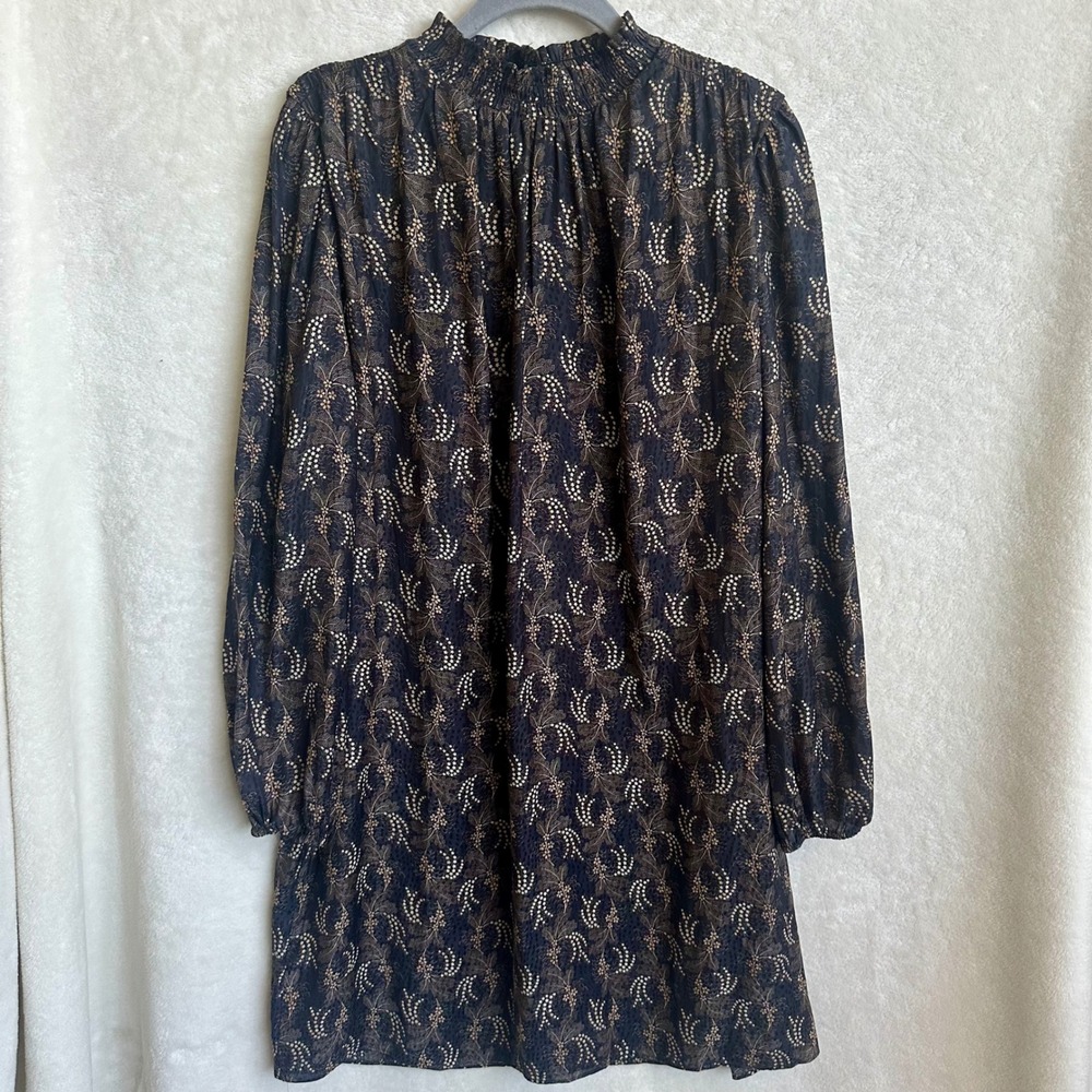 Ann Taylor Floral Smocked Neck Shift Dress Black Tan Cream Women's Size 6‎